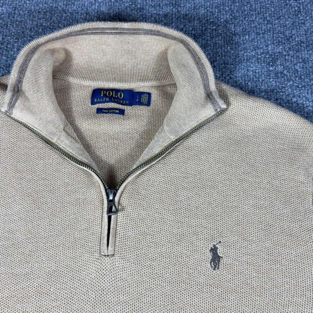 Polo Ralph Lauren Mens Tan Beige Pima Cotton Quarter Zip Pullover Sweater Large